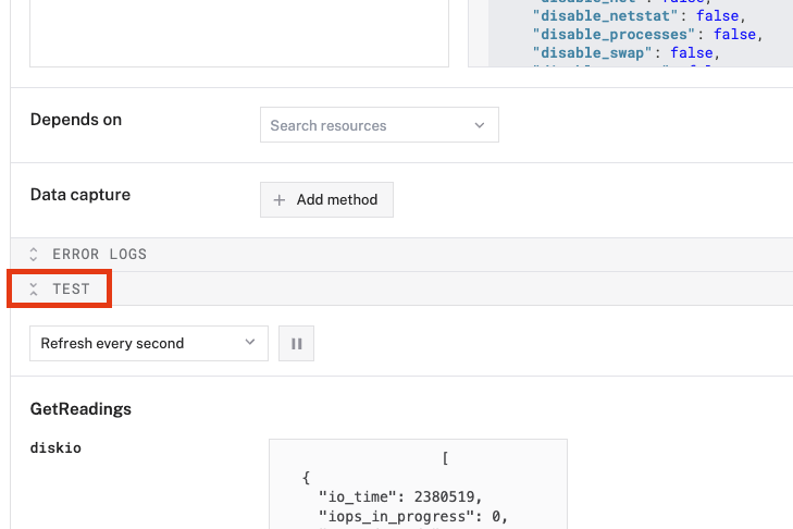 Sensor test panel showing readings.